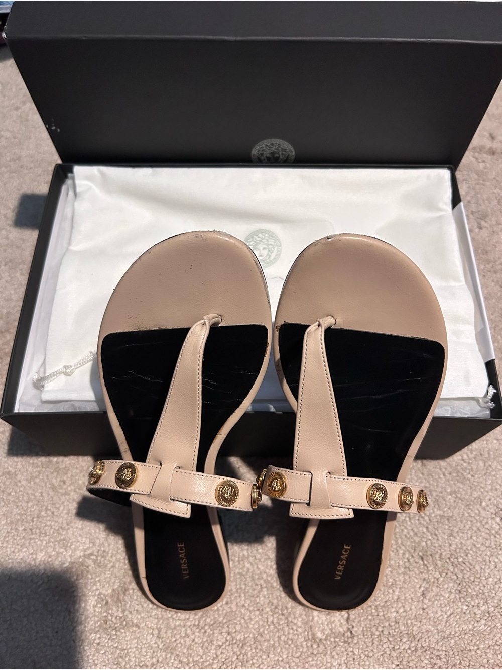 Versace Beige and Gold Leather Thong Sandals with Gold Medallions